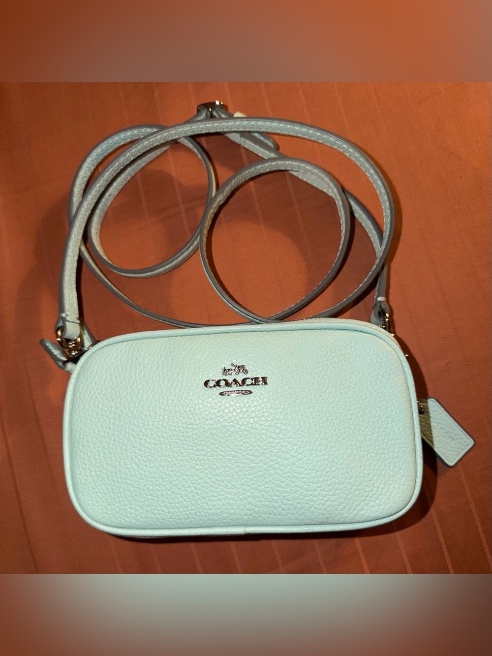 Coach Leather Double Zip Camera Crossbody Bag In Silver/Sea-Glass Like New